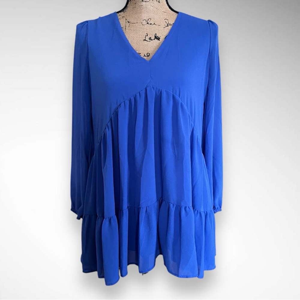 MELLODAY‎ Blue Tiered V-Neck Long Sleeve Babydoll Tunic Mini Dress Small | EUC